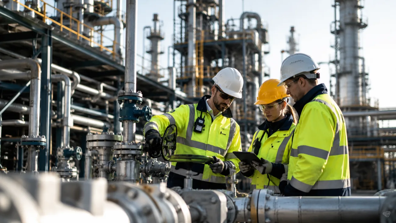 Técnicos inspeccionan tuberías y válvulas en una planta petroquímica
