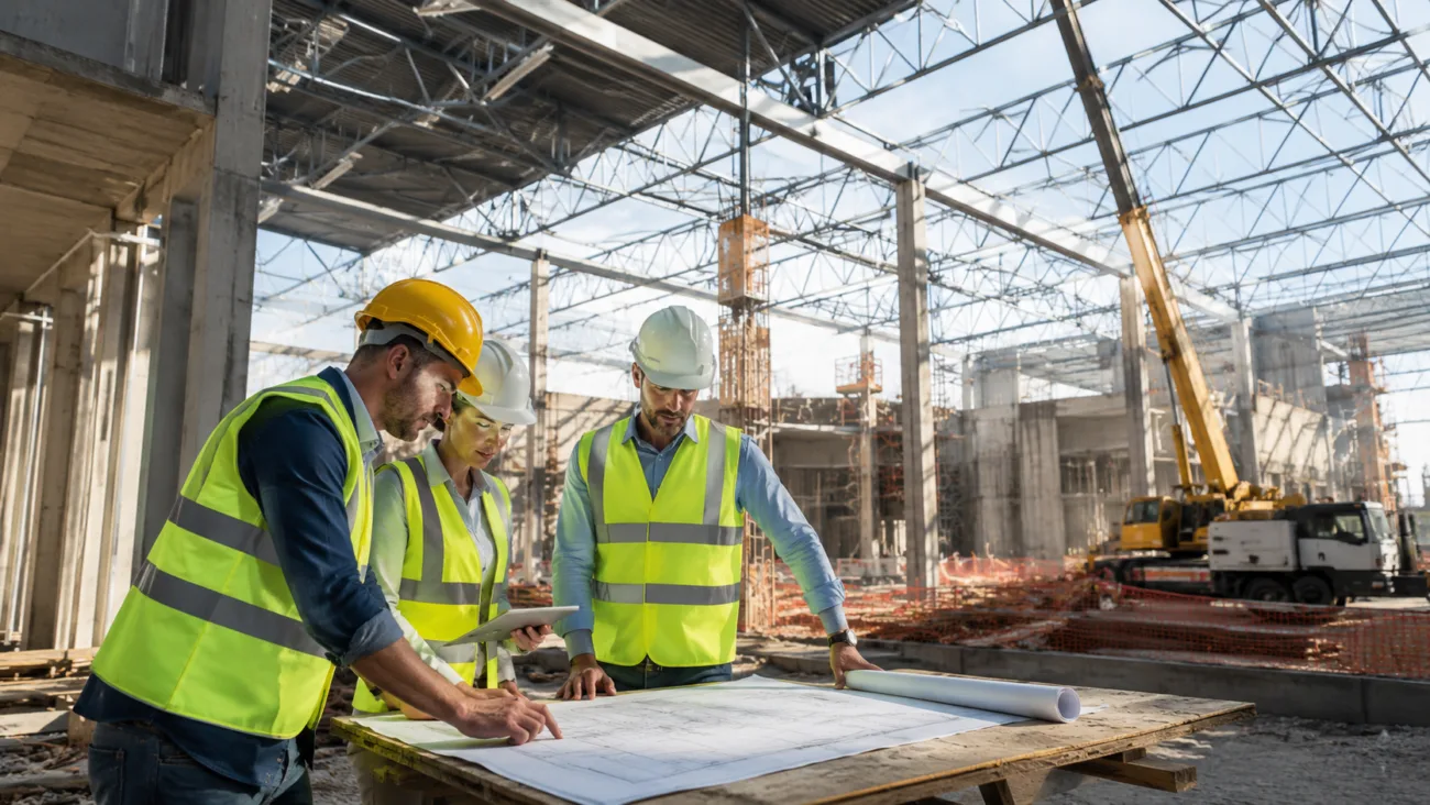 Trabajadores revisan planos en una obra con una grúa al fondo