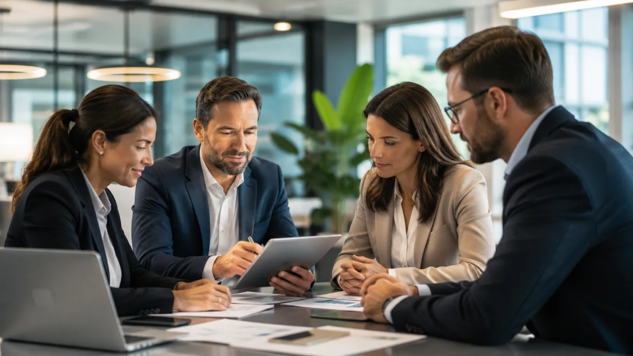 Cuatro profesionales reunidos en una oficina con tableta y computador portátil