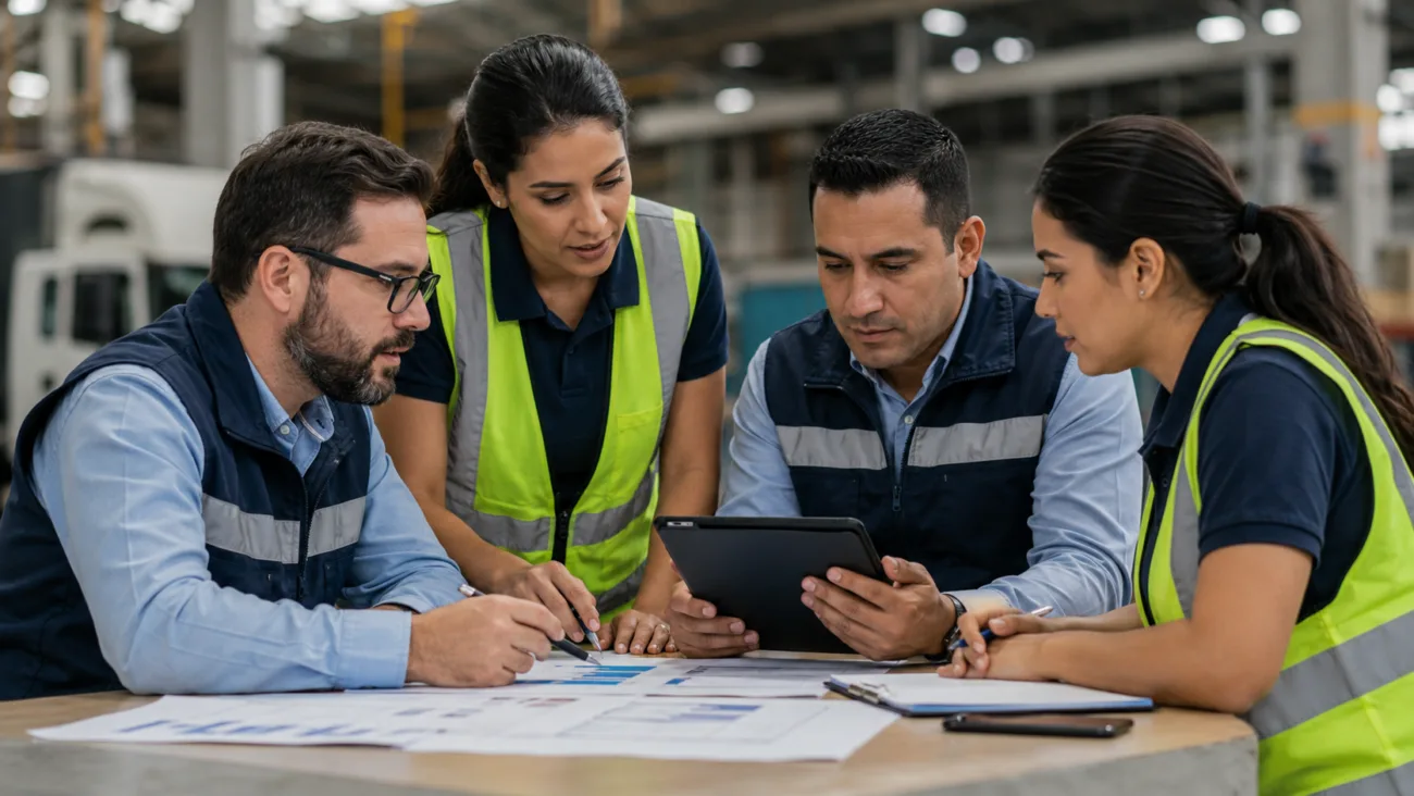 Equipo de trabajo revisa planos y una tableta durante una reunión técnica