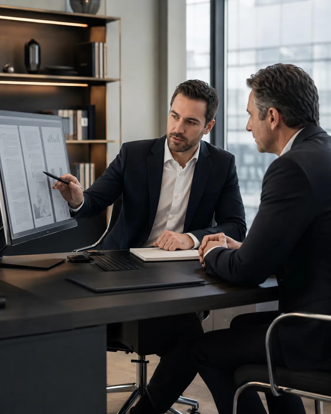 Dos profesionales revisan datos en un monitor durante una asesoría