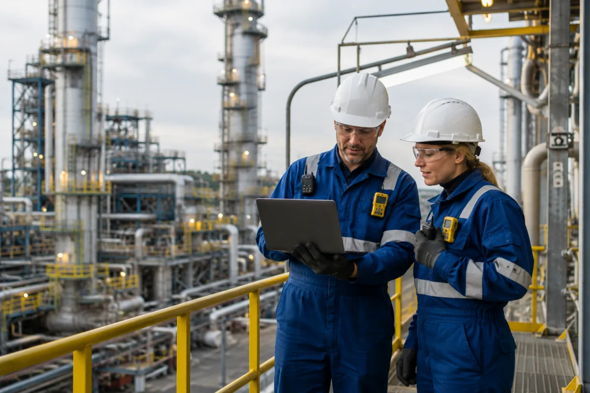 Dos operarios revisan un computador portátil en una planta petroquímica
