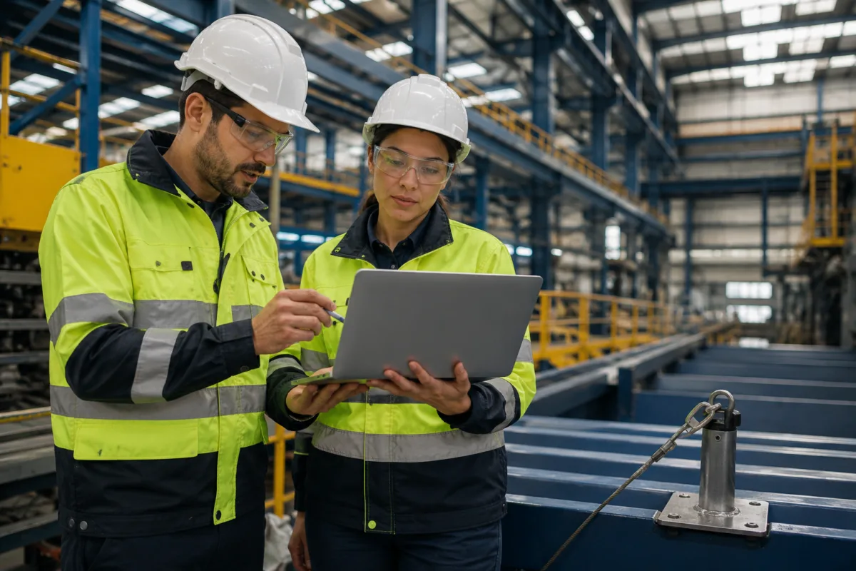 Dos técnicos consultan un computador portátil en una nave industrial
