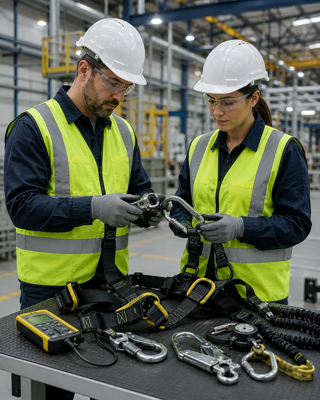 Dos trabajadores revisan mosquetones y eslingas de anclaje en una planta industrial