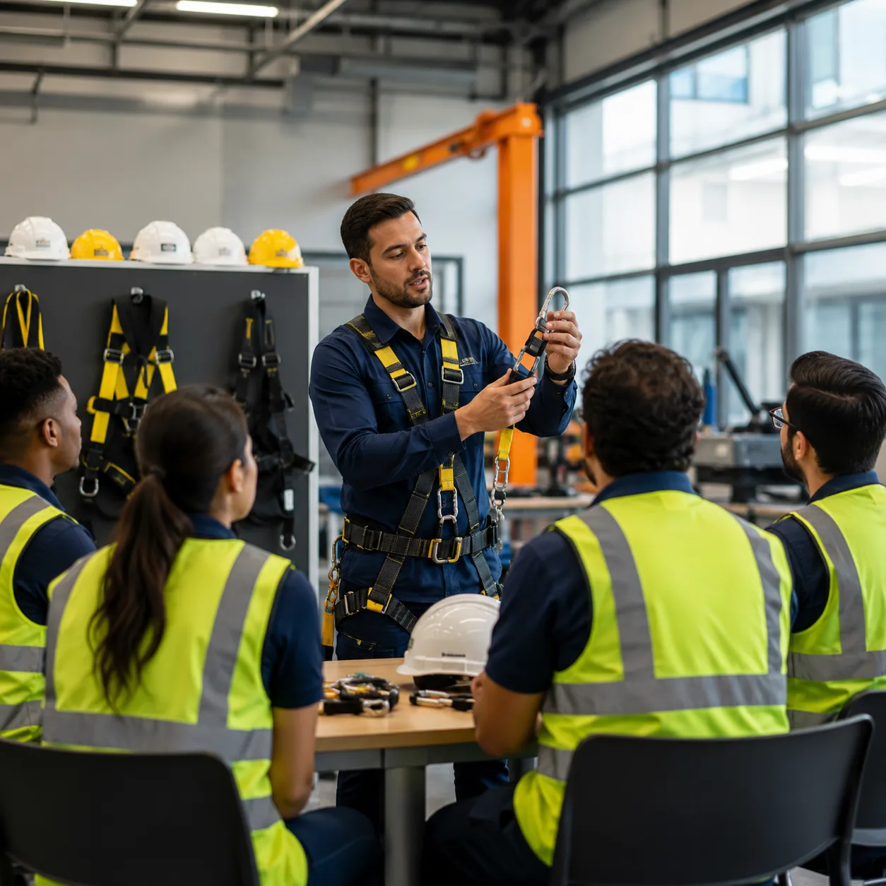 Instructor explica el uso de equipo de protección a un grupo sentado, con arneses colgados al fondo