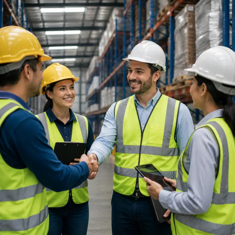 Equipo de trabajo se saluda en un centro de distribución