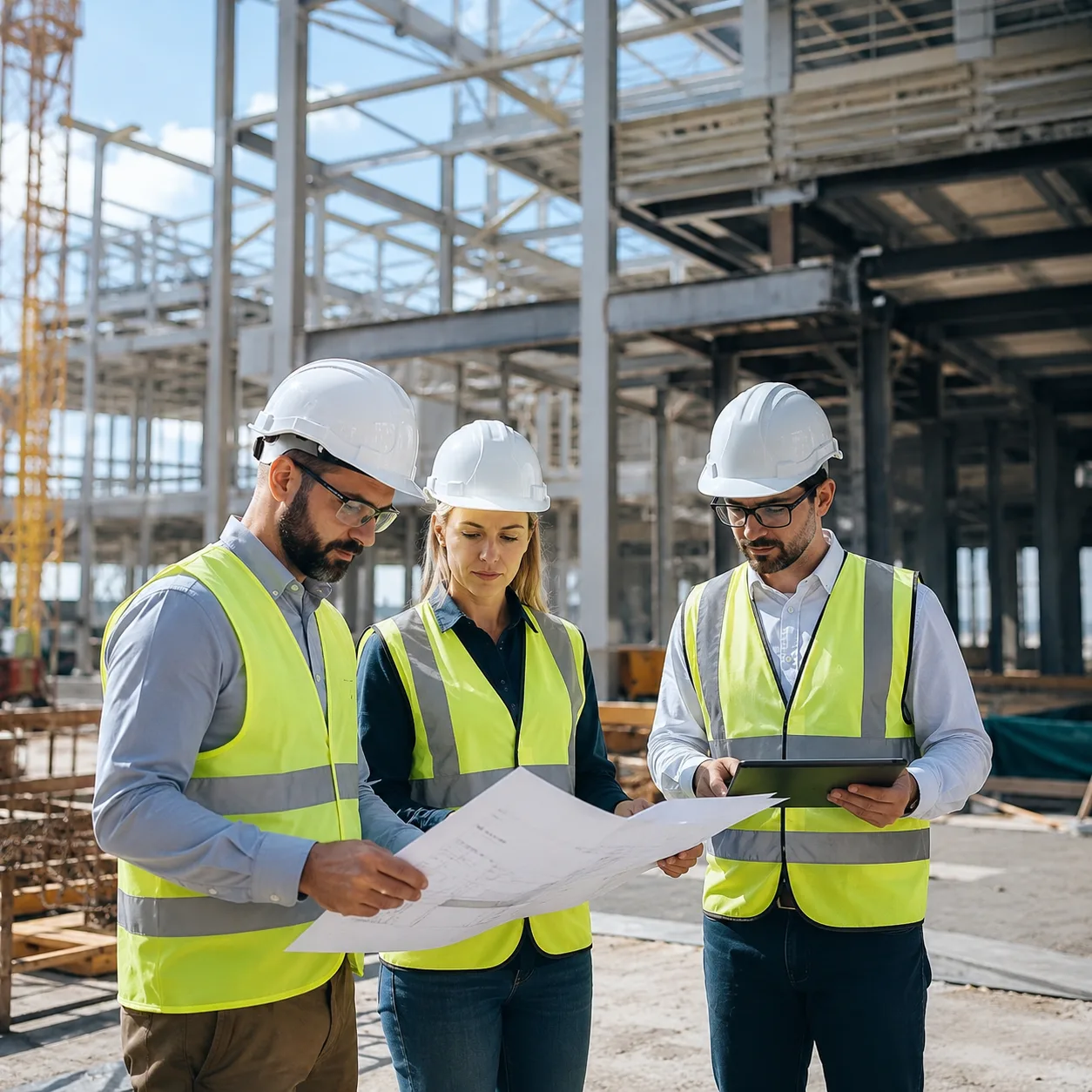 Tres personas revisan planos en una obra en construcción