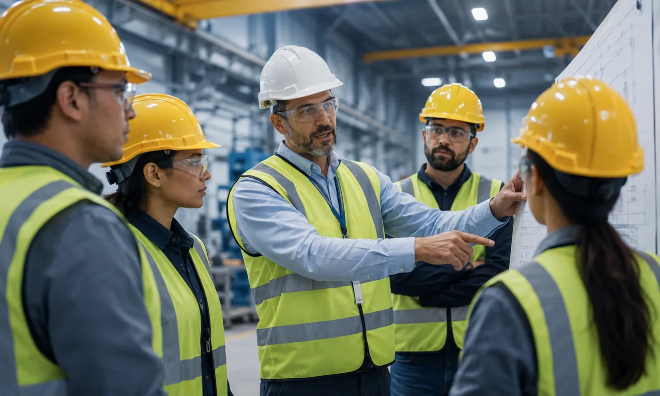 Grupo de trabajadores con casco amarillo conversa dentro de una nave industrial