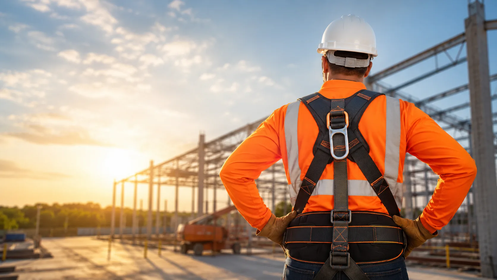Trabajador de espaldas con arnés de seguridad frente a una estructura metálica al atardecer