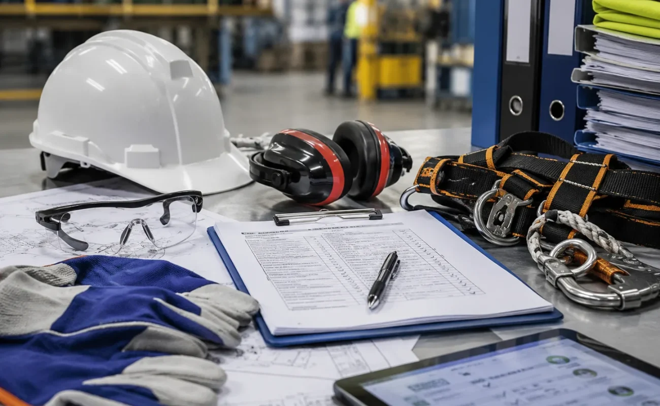 Casco, guantes, gafas y equipo anticaídas junto a una lista de chequeo sobre un escritorio